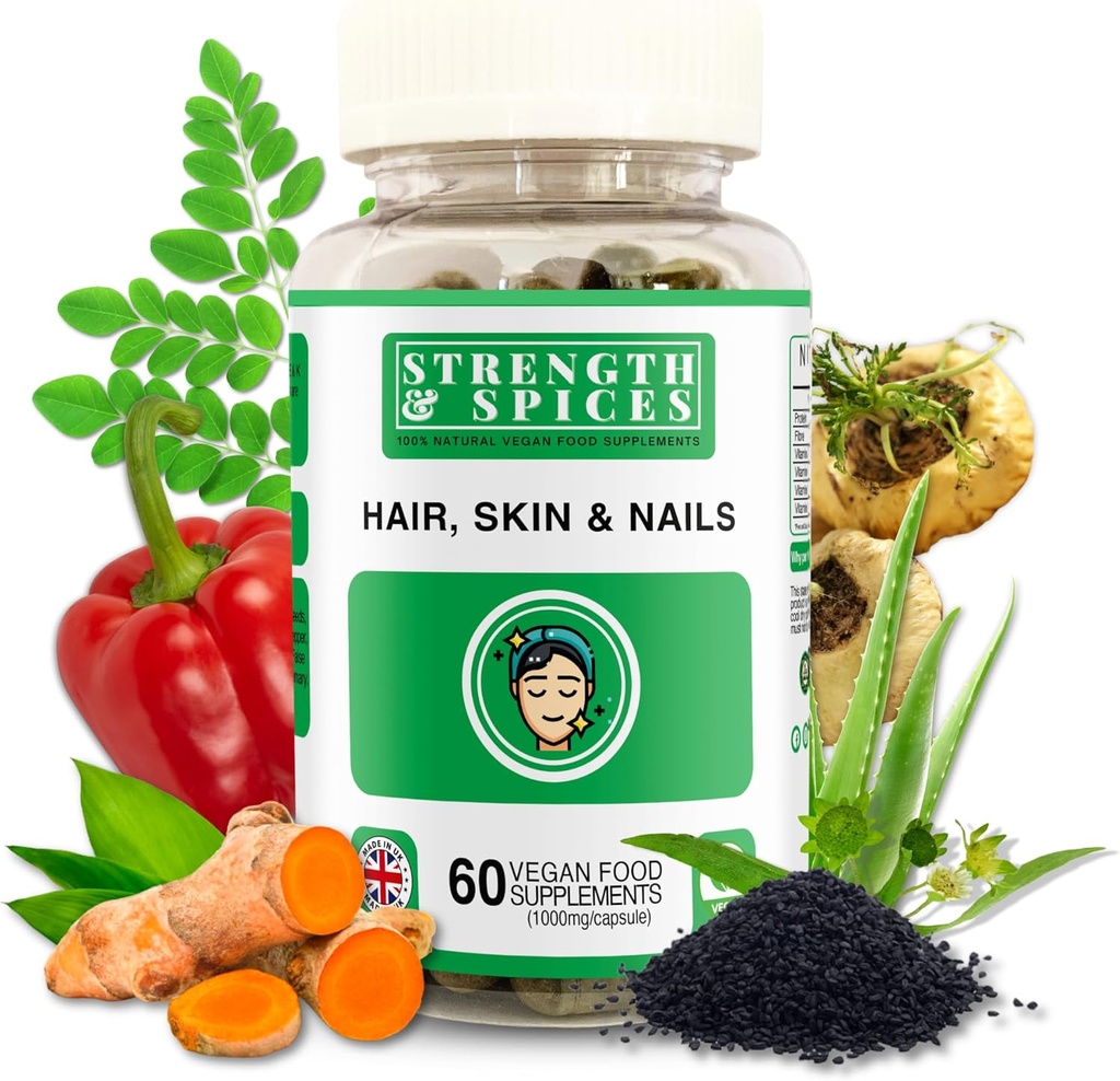 Strength & Spices Hair, Skin & Nails 100% Natural Supplement – 20 Ingredients w Biotin Selenium & Zinc - 60 Vegan UK Made 1000mg Capsules