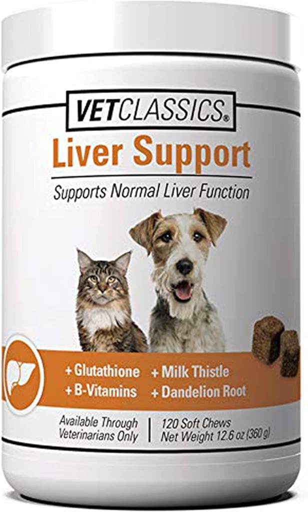 Vet Classics Liver Support Pet Health Supplement for Dogs, Cats – Liver Functions – B-Vitamins, Glutathione, Milk Thistle – Soft Tablets, Chews – 120 Soft Chews