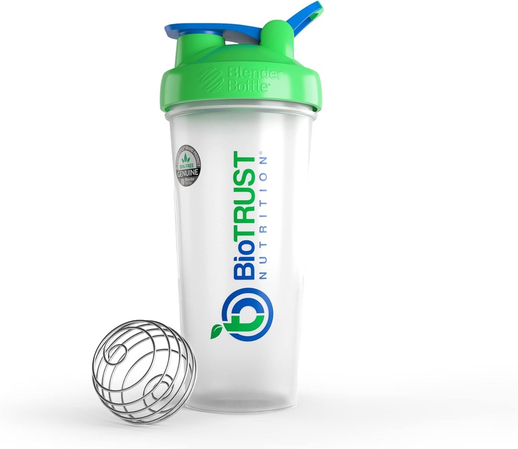 BioTRUST BlenderBottle Classic Shaker Bottle, 28-Ounce with loop, Clear/Green
