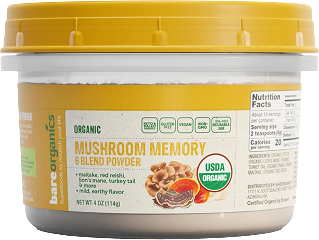BareOrganics Mushroom Memory Blend Powder – Organic Superfood Mushroom Supplement with Lion’s Mane, Reishi, Maitake & Turkey Tail, Vegan Adaptogenic Powder - 4 oz