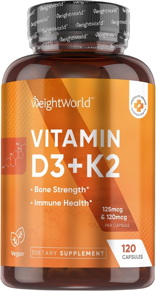 WeightWorld Vegan Vitamin D3 K2-120 Capsules - 5000 IU D3 & K2 120mcg for Bone Strength & Immune Health – K2 D3 Vitamin Supplement Plant-Based Cholecalciferol from Wild-Harvested Lichen