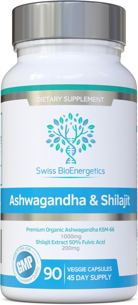 Ashwagandha & Shilajit - Ashwagandha KSM-66 1000mg & Purified Shilajit Extract 200mg (50% Fulvic Acid) - No Artificial fillers, Binders or Flow Agents - Suitable for Vegans