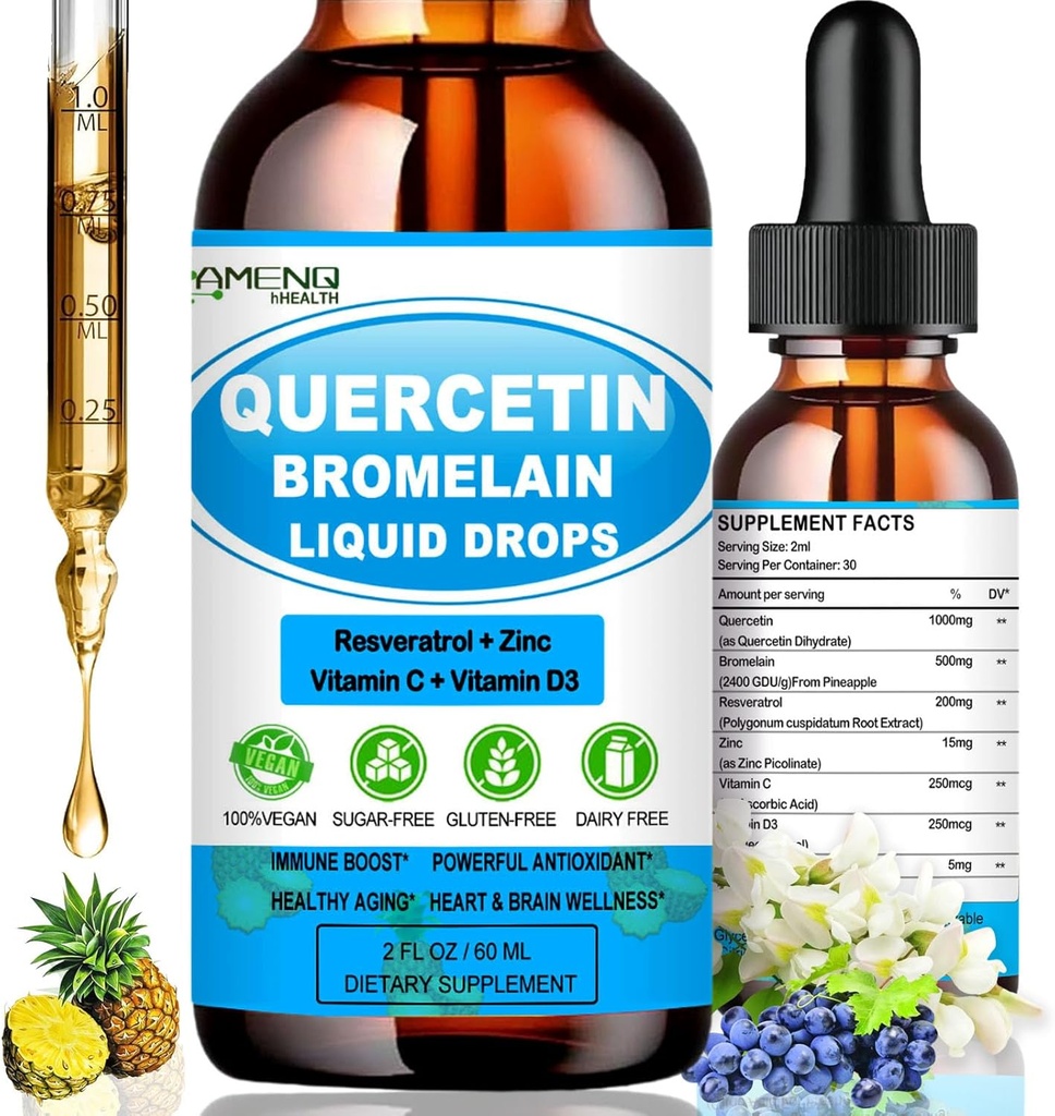 Quercetin with Vitamin C and Zinc - Quercetin Liquid Drops - Quercetin with Bromelain - Zinc Quercetin - Immune Support Supplement for Respiratory Health & Body's Response to Occasional Allergies