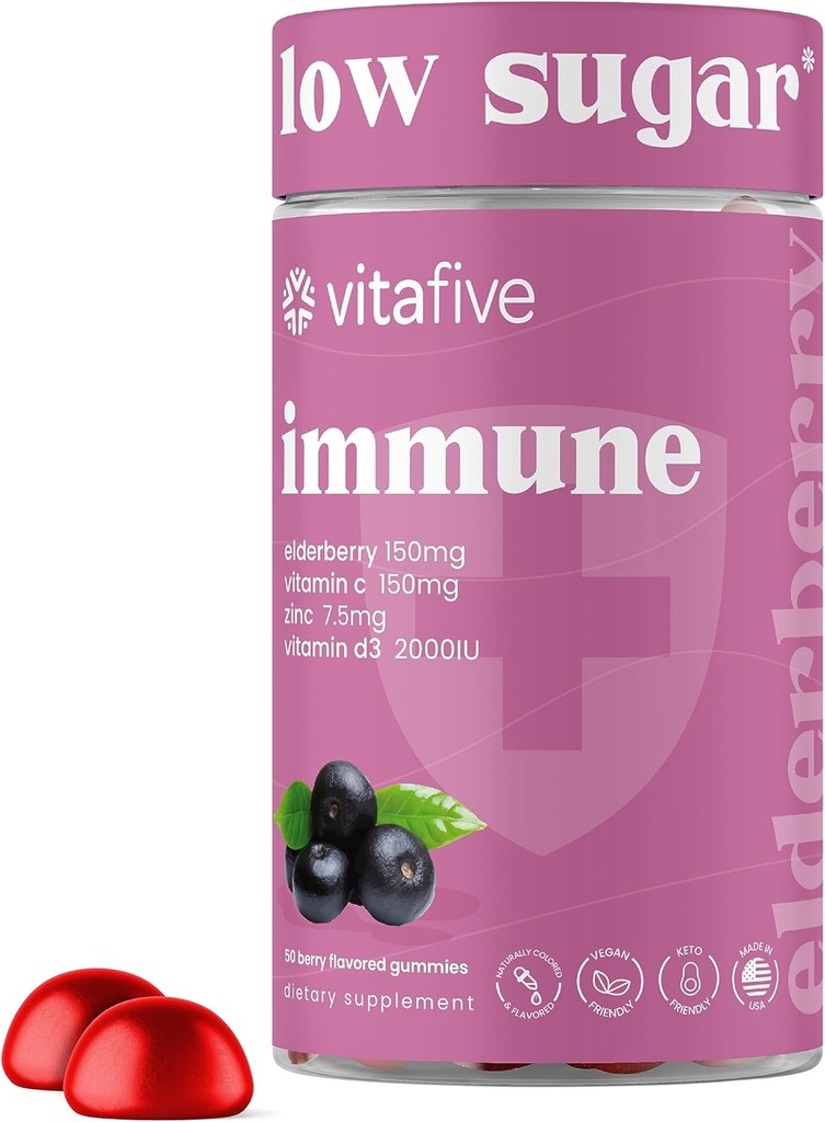 vitafive Elderberry Gummies - Low Sugar Immune Support for Adults - with Vitamin C and Zinc Citrate - Vegan, Allergen Free (50 Ct)
