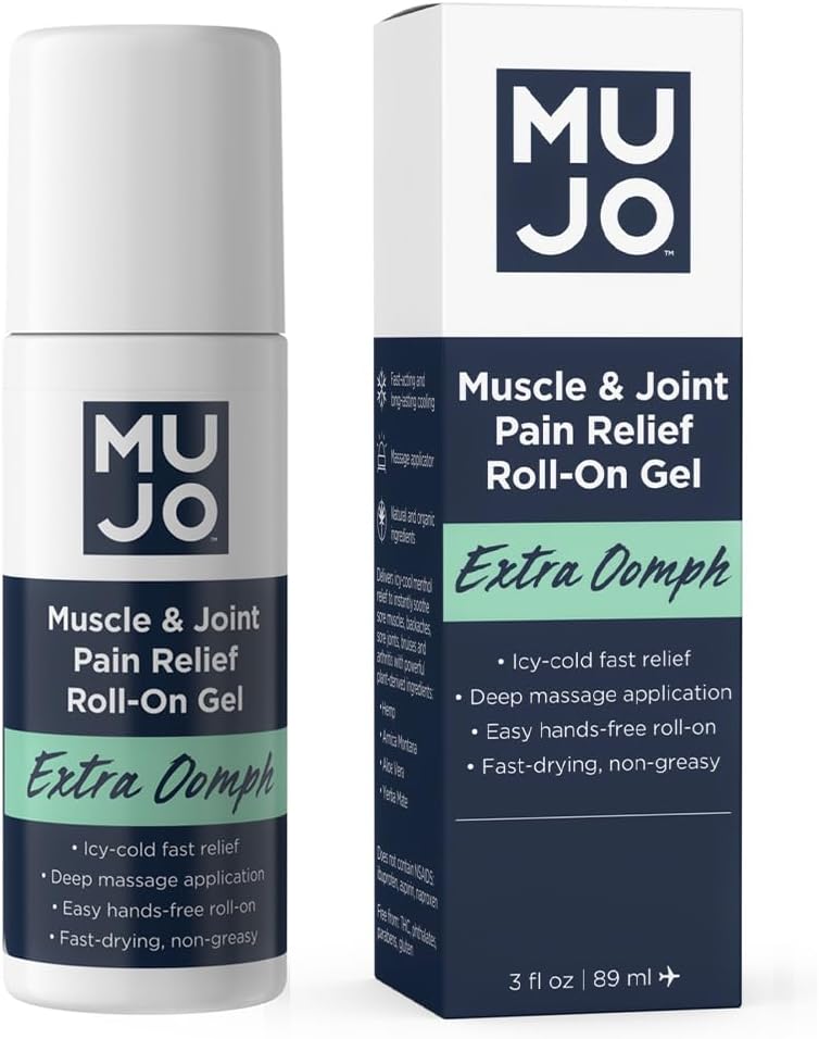 MUJO Extra Oomph — Quick Pain Relief Roll-On Gel + Organic Menthol + ICY Muscle Relief + Fast-Acting Menthol + Aloe + Arnica — for Joint and Back Aches — 3 fl oz
