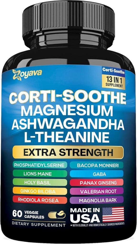 Zoyava Corti-Soothe Cortisol Supplement Magnesium Glycinate 200mg L-Theanine 150mg Ashwagandha 150mg Phosphatidylserine Cortisol Manager Lions Mane Ginkgo Biloba Bacopa Monnieri Valerian Root 60 Caps