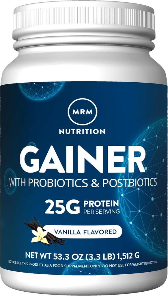 MRM Nutrition Gainer Protein with Probiotics + Postbiotics | Vanilla Flavored | 25g Protein | Whey Concentrate + Isolate + micellar Casein| Slow + Fast digesting| with Digestive enzymes | 18 Servings