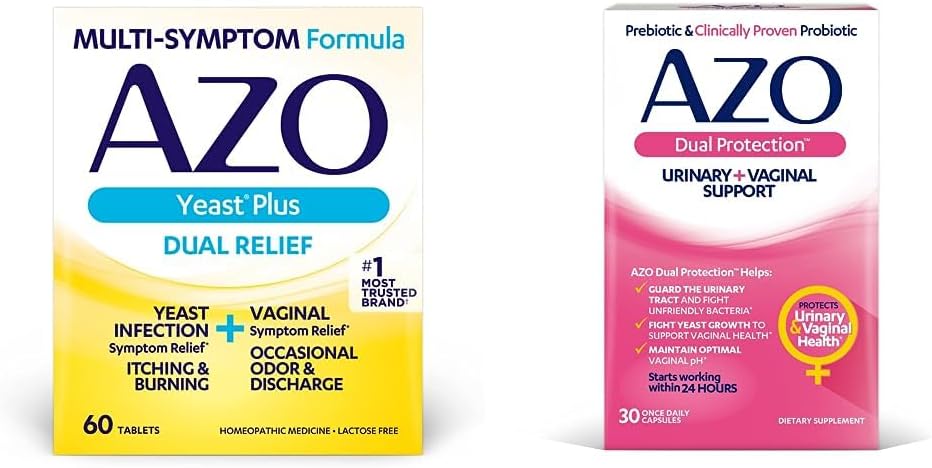 AZO Yeast Plus Dual Relief 60 Tablets, Yeast Infection & Vaginal Symptom Relief + Dual Protection, Urinary + Vaginal Support*, Prebiotic Plus Clinically Proven Women's Probiotic 30 Count