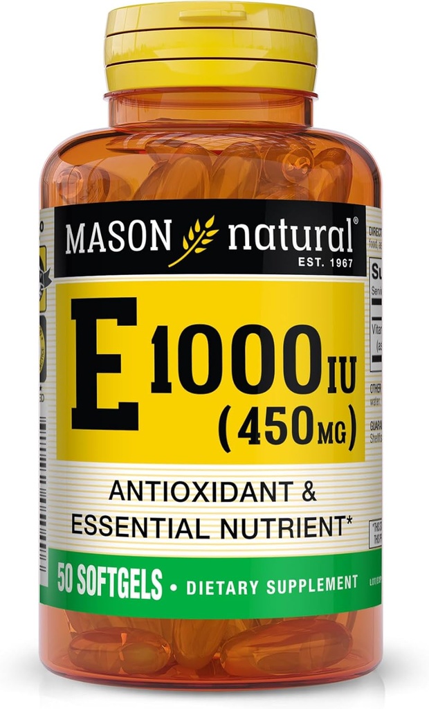 MASON NATURAL Vitamin E 450 mg (1,000 IU) - Antioxidant and Essential Nutrient, Healthy Immune System, Skin and Eyes, Whole Body Supplement, 50 Softgels