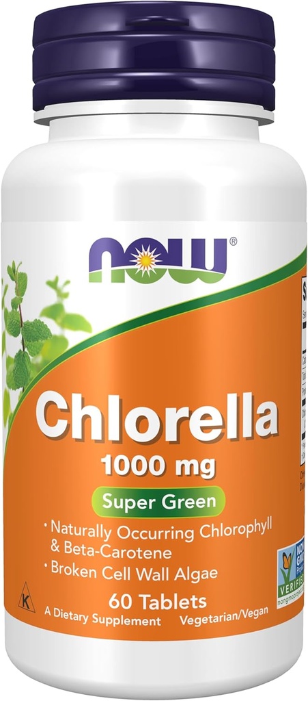 NOW Foods Supplements, Chlorella 1000 mg with naturally occurring Chlorophyll, Beta-Carotene, mixed Carotenoids, Vitamin C, Iron and Protein, 60 Tablets