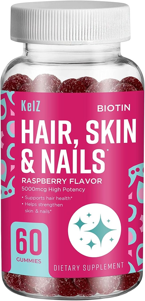 KelZ Biotin Hair, Skin & Nails Supplement Gummies, Raspberry Flavor, 60 Count (Pack of 1)