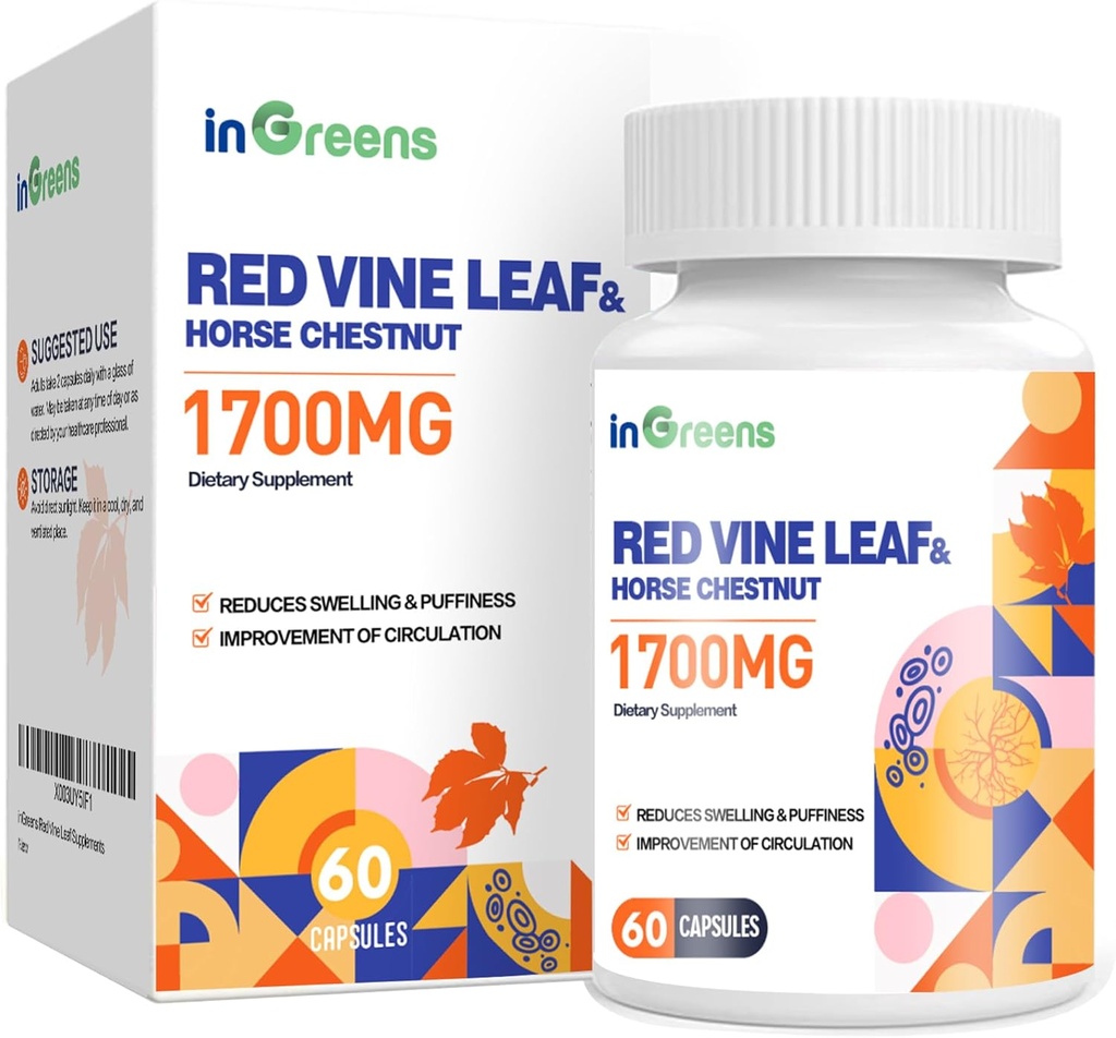 Red Vine Leaf Extract 1700mg & Horse Chestnut Extract Supplements, Supports Vein, Skin Health, Circulation for Legs（1Pack）