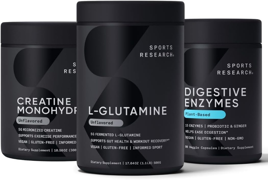 Sports Research L-Glutamine (100 Servings), Creatine Monohydrate (60 Servings) and Digestive Enzymes with Probiotics & Ginger (90 Servings) - All Non-GMO Verified, Vegan & Gluten Free