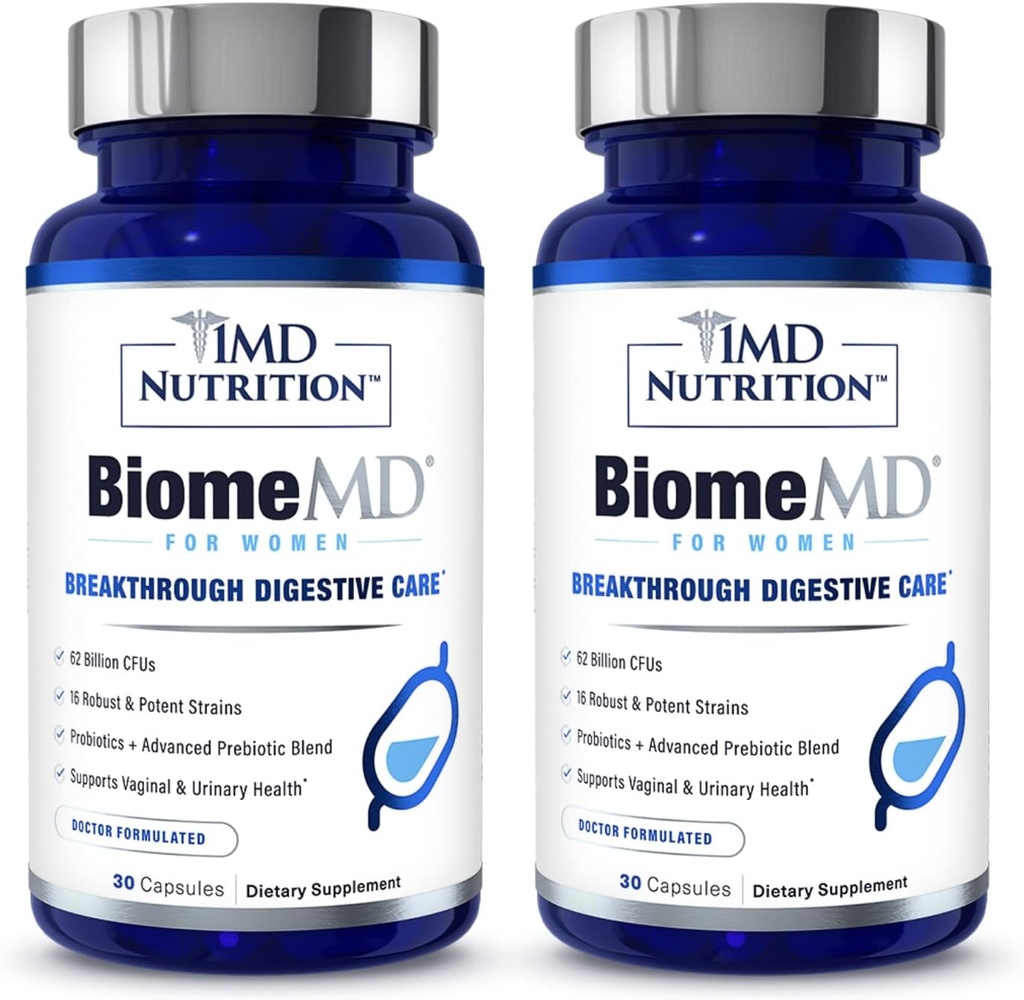 1MD Nutrition BiomeMD Probiotics for Women - 62 Billion CFUs, 16 Strains with Prebiotics | Supports Vaginal & Urinary Health - Doctor-Formulated | 30 Capsules (2-Pack)
