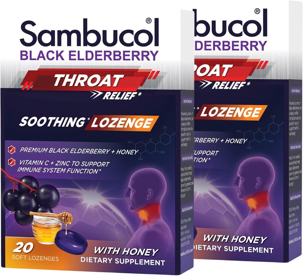 Sambucol Black Elderberry Throat Lozenge - with Honey, Vitamin C & Zinc, Elderberry Lozenges Sore Throat & Cough, Soothes Scratchy Throat, Supports Immunity, Soft & Chewy - 20 Count, 2-Pack