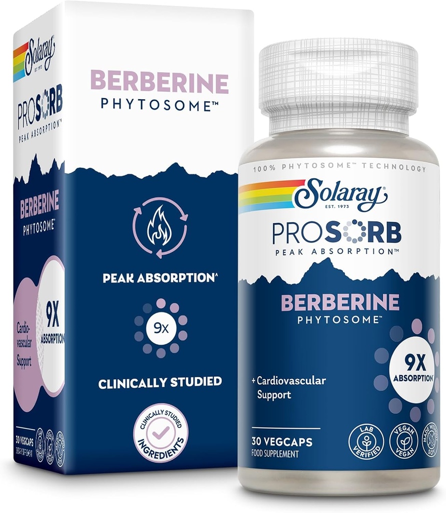 SOLARAY Berberine Phytosome - 9X Absorption and Easy-to-Digest - Standardized to 30% Berberine HCl - Vegan, Made Without Soy - 60-Day Guarantee - 30 Servings, 30 VegCaps