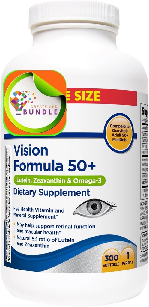 Equate Vision Formula 50+ Lutein, Zeaxanthin & Omega-3, 300 Softgels + Create Sticker