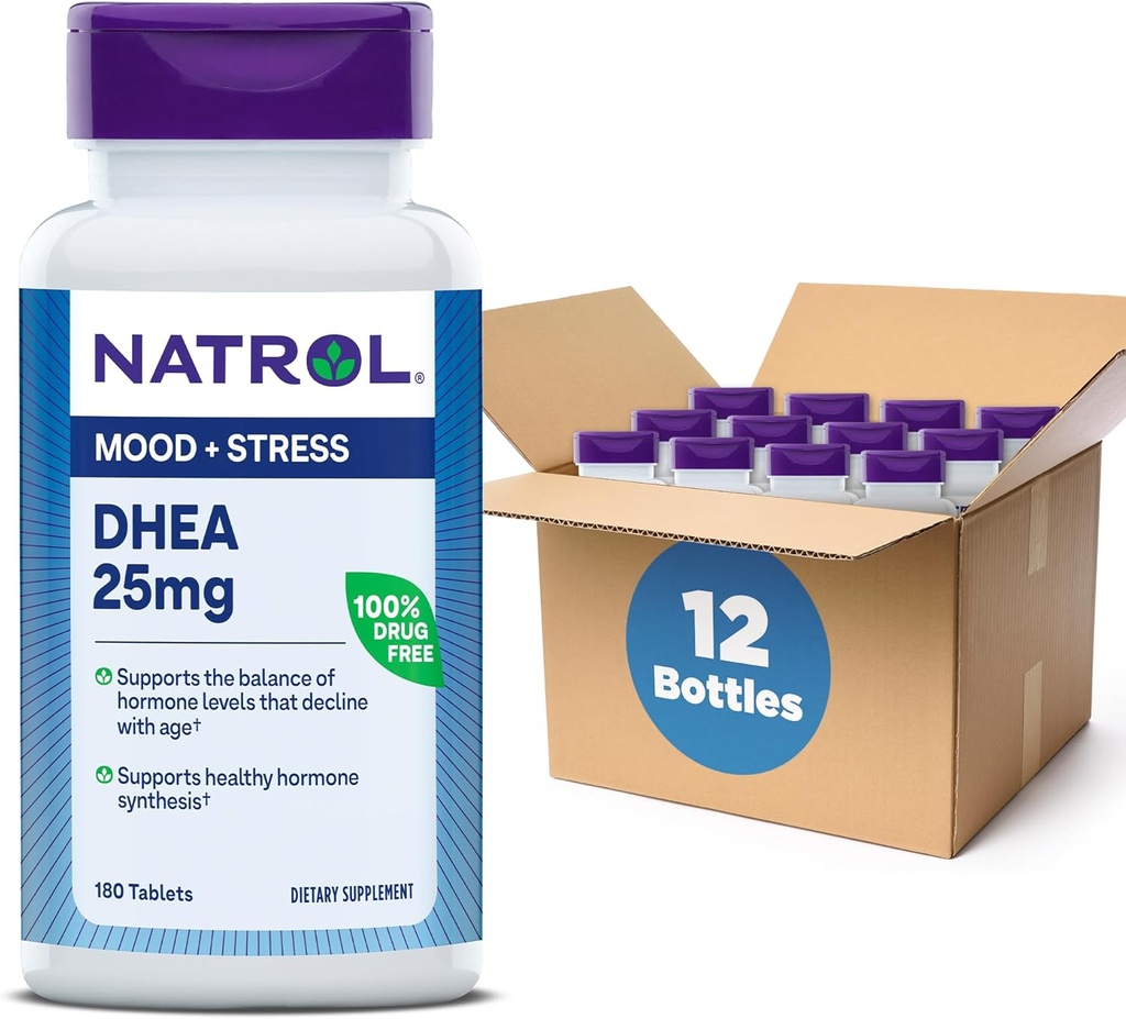 Natrol Mood & Stress DHEA 25mg with Calcium, Dietary Supplement for Balance of Certain Hormone Level and Mood Support, 180 Tablets, 180 Day Supply (Pack of 12)