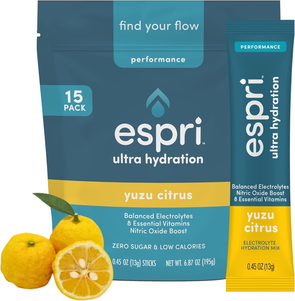 Zero Sugar Electrolyte Drink Mix, Yuzu Citrus, Hydration Packets, Nitric Oxide Boost, Low Calories, Magnesium Citrate Prevents Muscle Cramps and Improves Recovery, 15 Day Supply