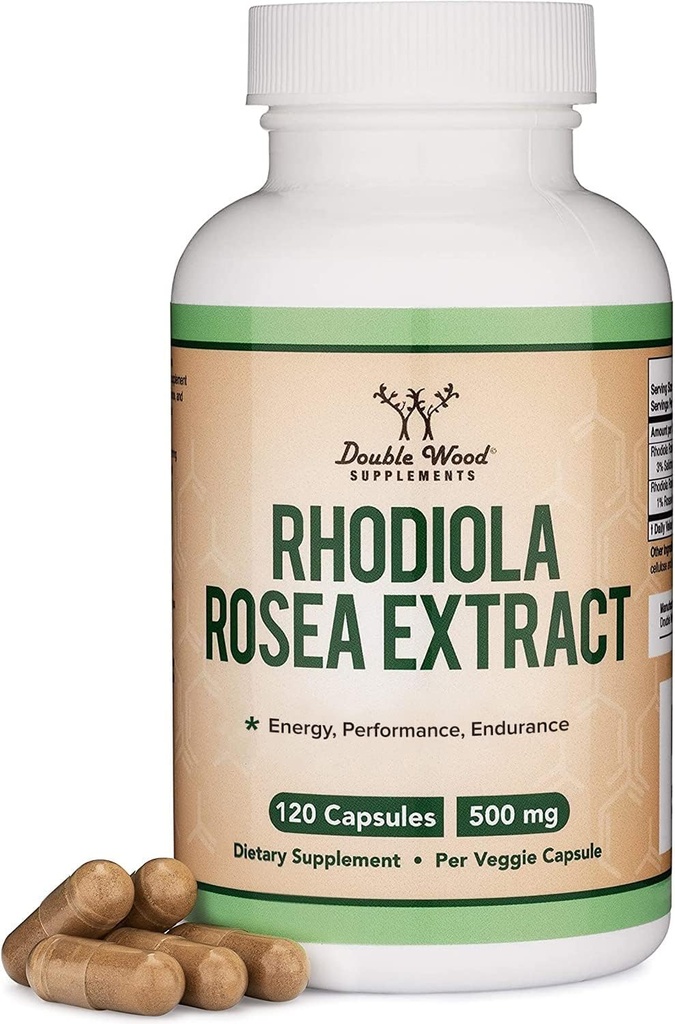 Rhodiola Rosea Supplement 500mg, 120 Vegan Capsules (Third Party Test, Gluten Free, 3% Salidrosides, 1% Rosavins Extract) for Performance, Calming, Motivation by Double Wood