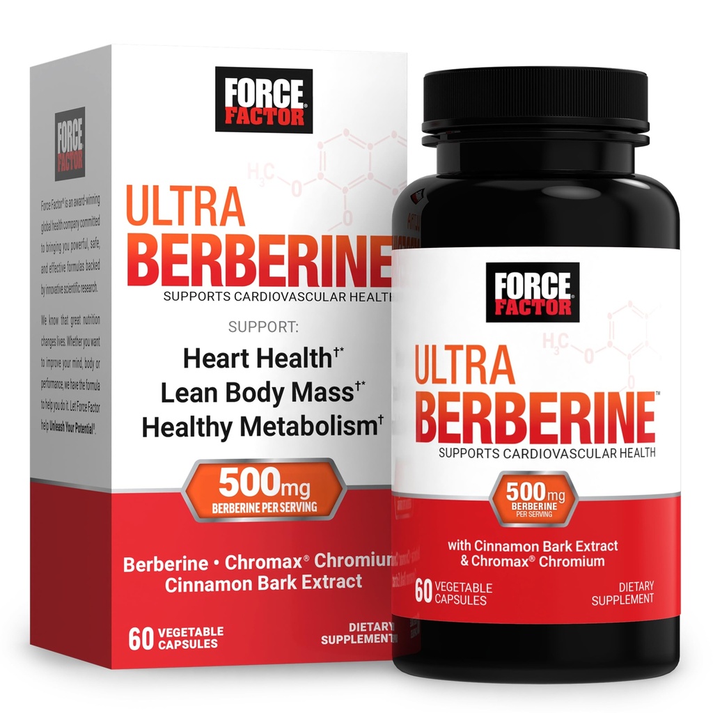 Force Factor Ultra Berberine, Berberine Supplement with 500mg Berberine HCl Plus Chromium & Cinnamon Bark Extract to Support Metabolism & Daily Wellness, Non-GMO, Gluten Free, 60 Vegetable Capsules