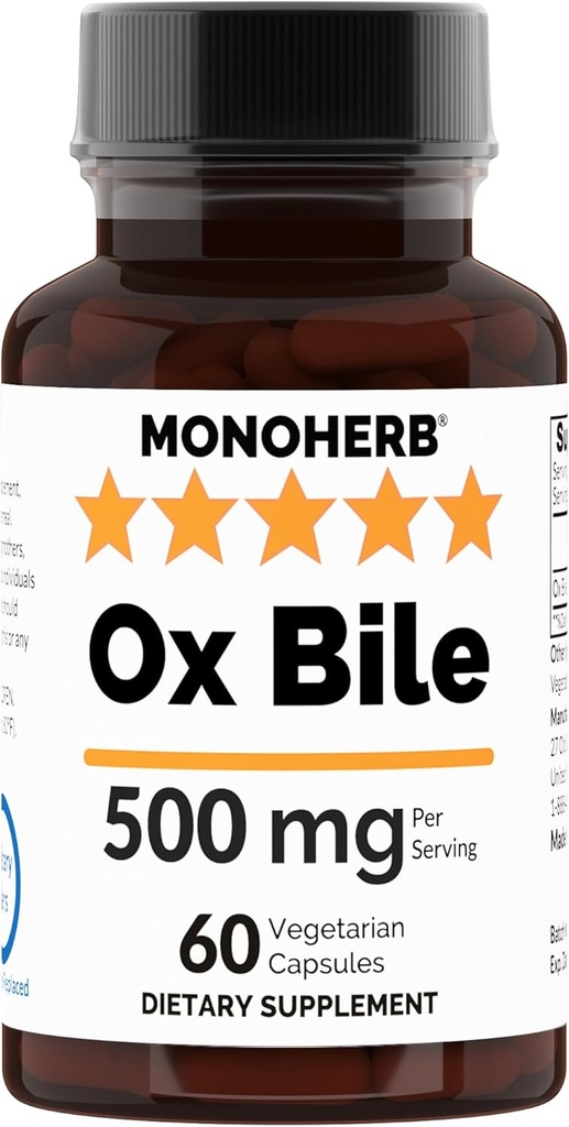 Ox Bile 500 mg - 60 Veg Capsules | 250 mg per Capsule - Serving Size 2 Capsules: 500 mg - 30 Servings