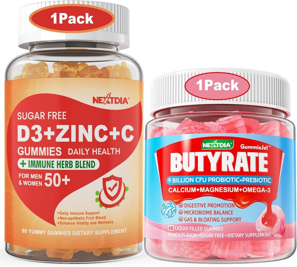 Sugar Free Vitamin C + D3 + Zinc Gummies for Adults 50 + Butyrate Gummies with Probiotic + Prebiotic + Postbiotic