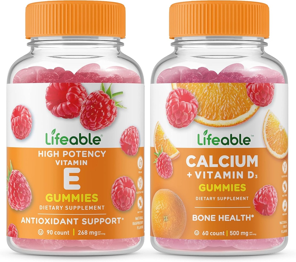 Lifeable Vitamin E + Calcium with Vitamin D, Gummies Bundle - Great Tasting, Vitamin Supplement, Gluten Free, GMO Free, Chewable Gummy