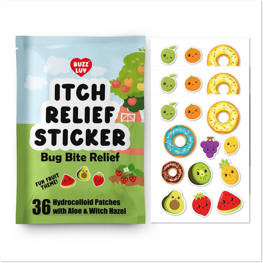 Hydrocolloid Itch Relief Patch, for Mosquitos, Ticks, Midges, Sandflies Bug bite Relief, Anti-Itch Patch with Aloe and Witch Hazel, Insect bite Relief, Kid-Friendly, Natural Fruit Theme