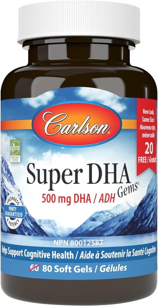 Carlson - Super DHA Gems, 500 mg DHA Supplements, 640 mg Fatty Acids, Wild-Caught Norwegian Arctic Fish Oil Concentrate, Sustainably Sourced Nordic Fish Oil Capsules, 60+20 Softgels