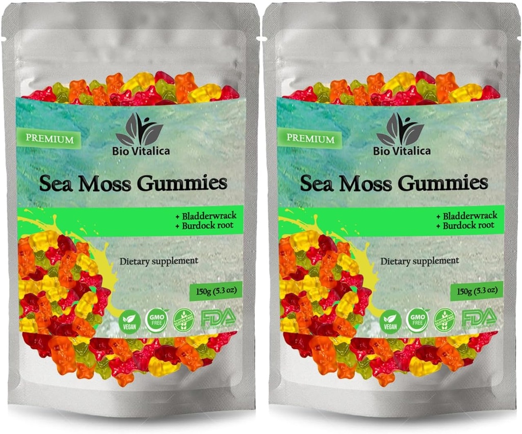 BIO VITALICA Sea Moss Gummies – with Bladderwrack & Burdock Root – Wildcrafted Gel + Powder – Vegan, Keto, Non-GMO, Gluten-Free – Fruity Mineral-Rich Gummies – 50 Count (2 Pack)
