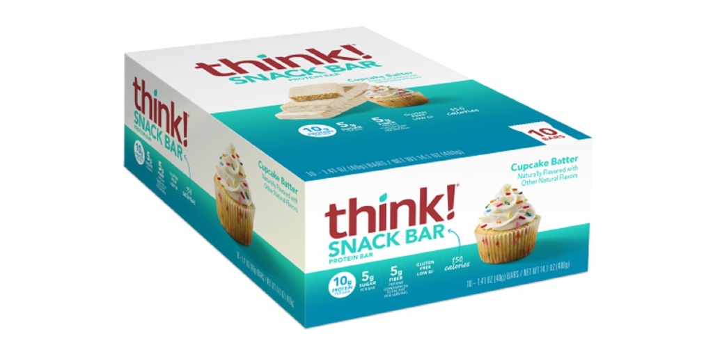 think! Protein Bars with Chicory Root for Fiber, Digestive Support, Gluten Free with Whey Protein Isolate, Cupcake Batter, Snack Bars without Artificial Sweeteners, 1.4 Oz (10 Count)