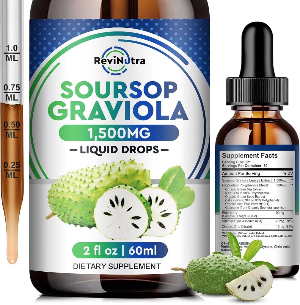 Soursop Graviola Liquid Drops - 8 in 1 Organic Soursop Extract with Elderberry, Quercetin, Soursop Bitters Liquid Supplements for Immune Boost, Herbal Soursop Oil Graviola Leaf Tincture, 2 Fl Oz