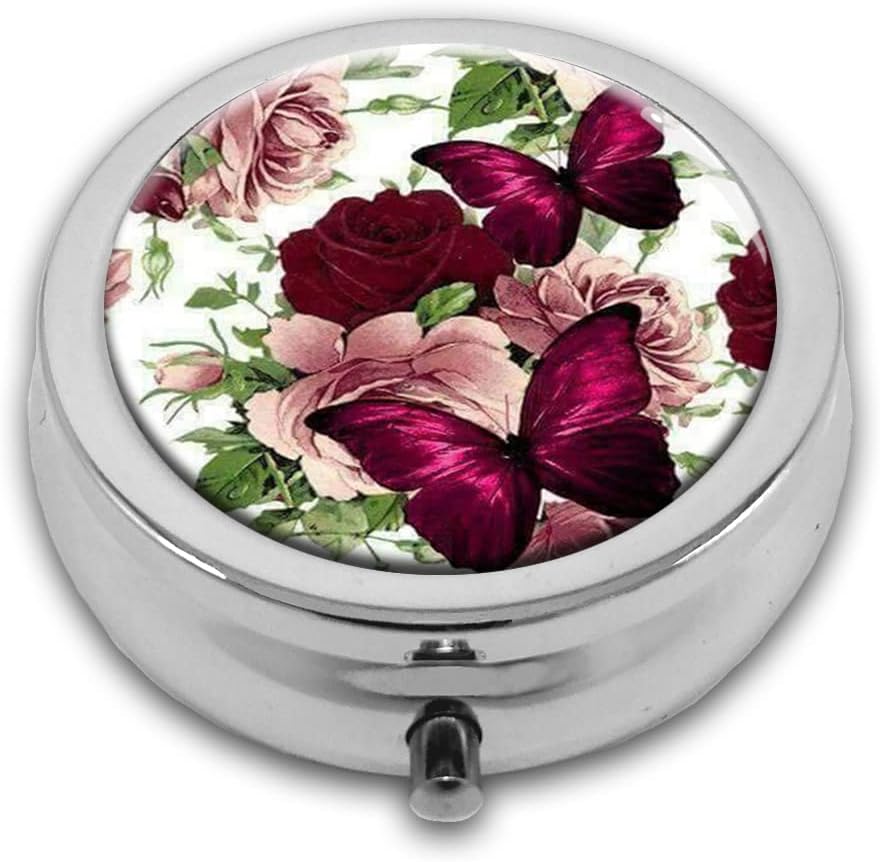 Rose Butterflies Pill Box Purse Pocket Small Round Silver Pill Case Decorative Box Metal Medicine Vitamin Pill Organizer Portable Unique Gift