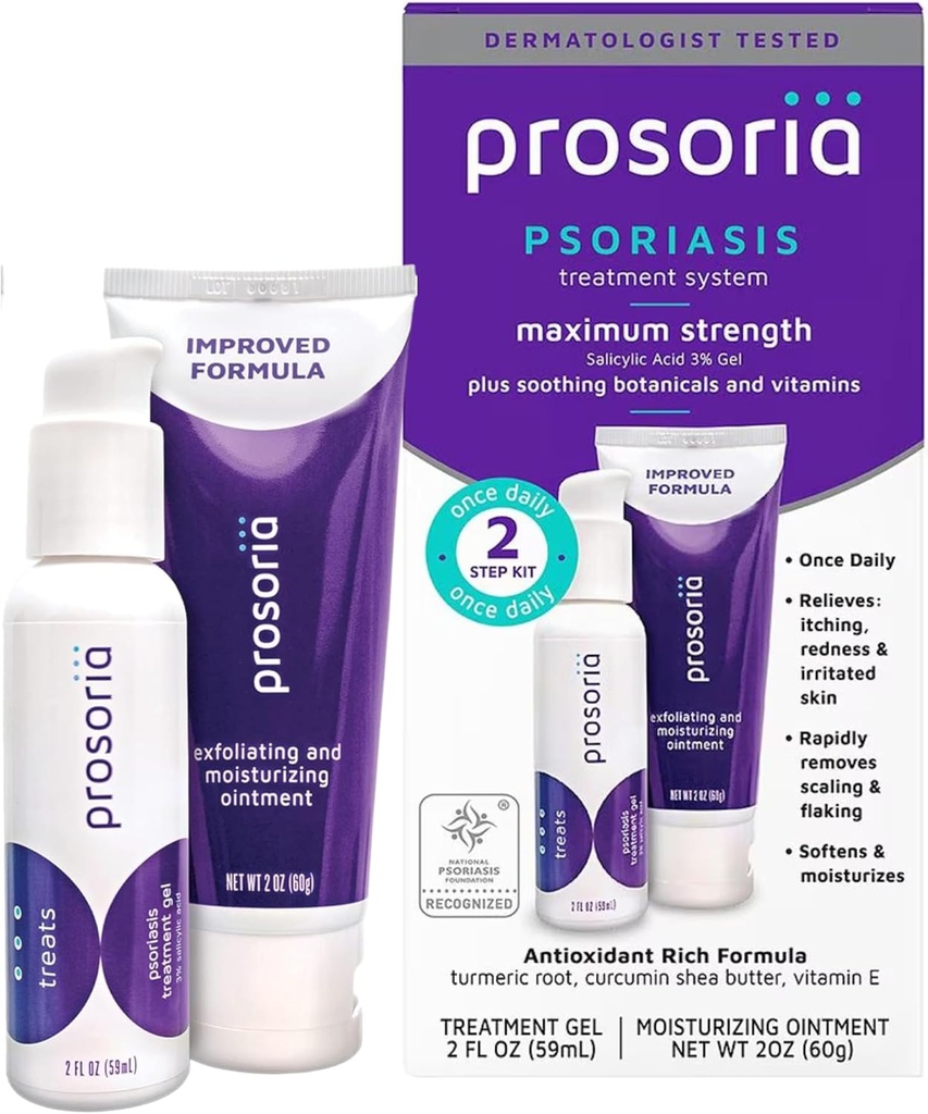 Prosoria Treatment System Single Kit – 2oz | Powerful Psoriasis Relief with Salicylic Acid, Turmeric, Shea Butter & Vitamins | Gel & Ointment for Scaling, Flaking, Dryness, Itching & Redness Relief
