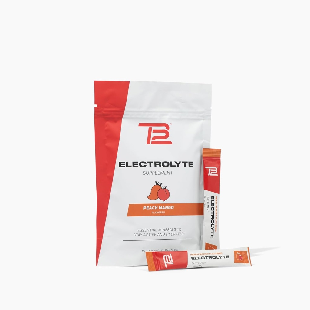 TB12 Electrolytes Powder Packets Peach Mango – Mineral-Rich Electrolyte Powder for Fast Hydration by Tom Brady - Natural, Low Sugar, Vegan, Gluten-Free, Easy to Mix - 15 Stickpacks