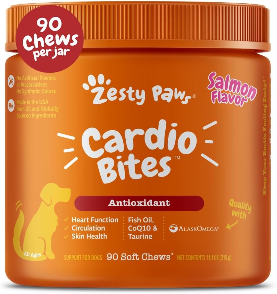 Zesty Paws Cardiovascular Support for Dogs - Taurine for Dogs - with CoQ10, L Carnitine & Sea Buckthorn - Senior Heart Health - AlaskOmega Fish Oil Omega 3 - Senior - Salmon - 90 Count