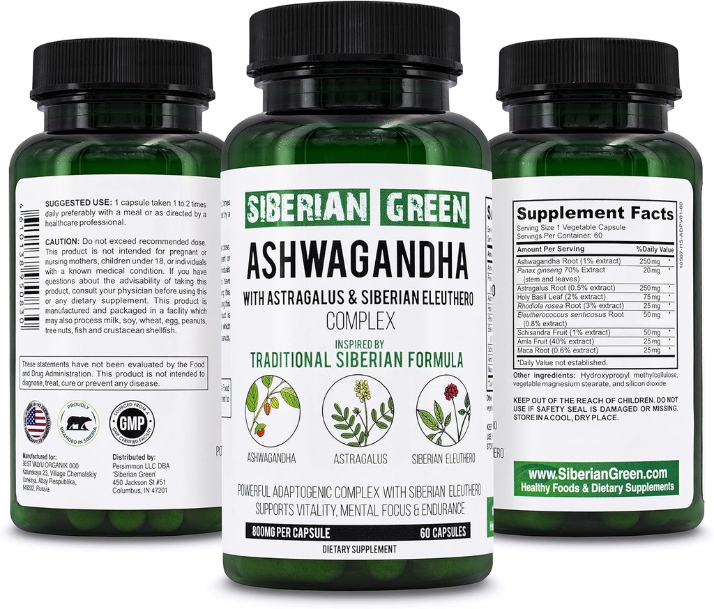 Siberian Green Organic Ashwagandha Root with Astragalus & Siberian Eleuthero Ginseng Complex 60 Capsules Powerful Herbal Support