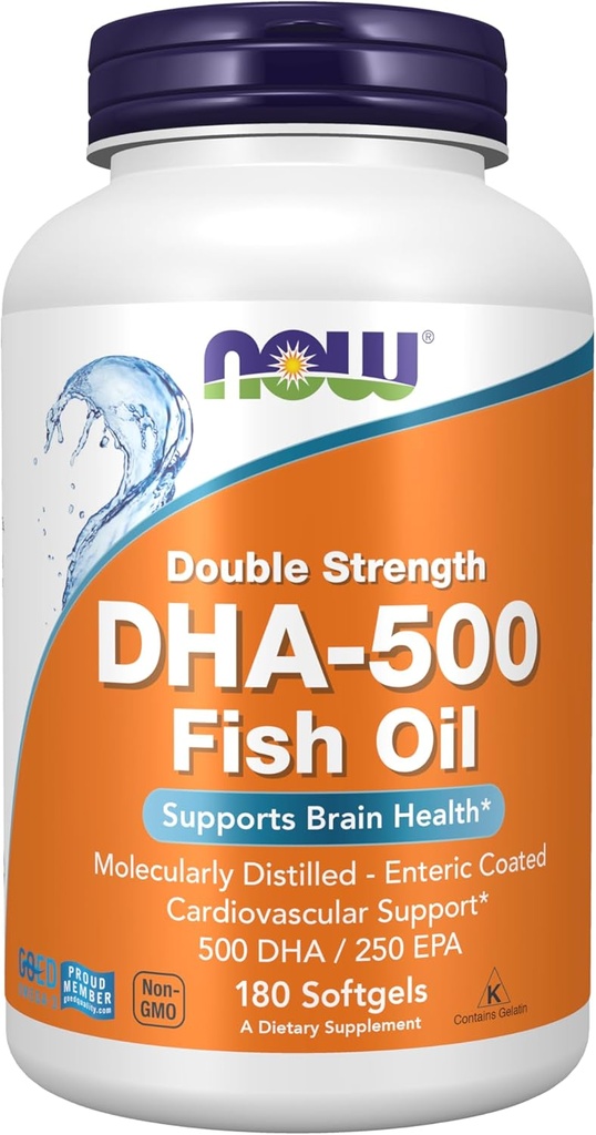 NOW Foods Supplements, DHA-500 with 250 EPA, Molecularly Distilled, Supports Brain Health*, 180 Softgels