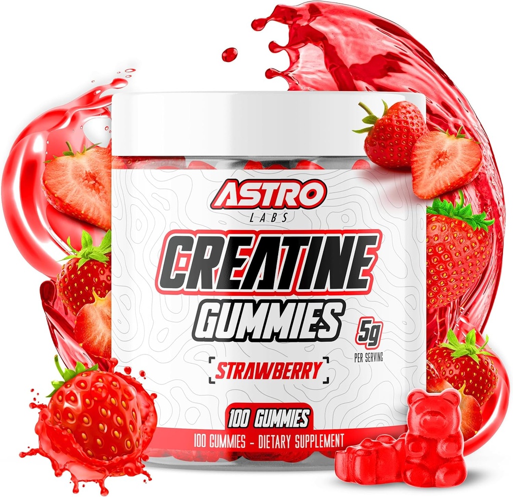Creatine Gummies for Men & Women - 5g per Serving, Increase Strength, Muscle Gain, Recovery, Endurance - Vegan, Gluten-Free, Low Sugar Creatine Monohydrate Gummies - Strawberry (100 Count)