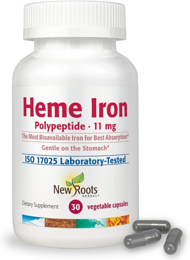 NEW ROOTS HERBAL Heme Iron Supplement with Vitamin C & B12 for Best Absorption | Iron Deficiency Support | Hemoglobin Supplements Designed by Naturopathic Doctors | Low-FODMAP (30 Capsules)