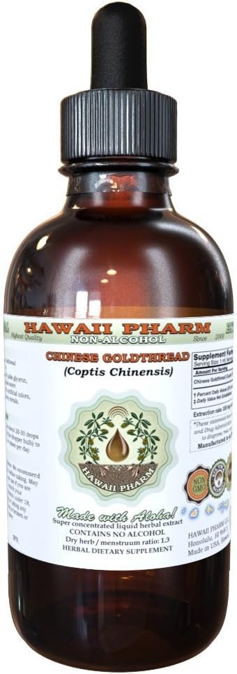 Chinese Goldthread Alcohol-Free Liquid Extract, Chinese Goldthread (Coptis Chinensis) Dried Root Glycerite Hawaii Pharm Natural Herbal Supplement 2oz