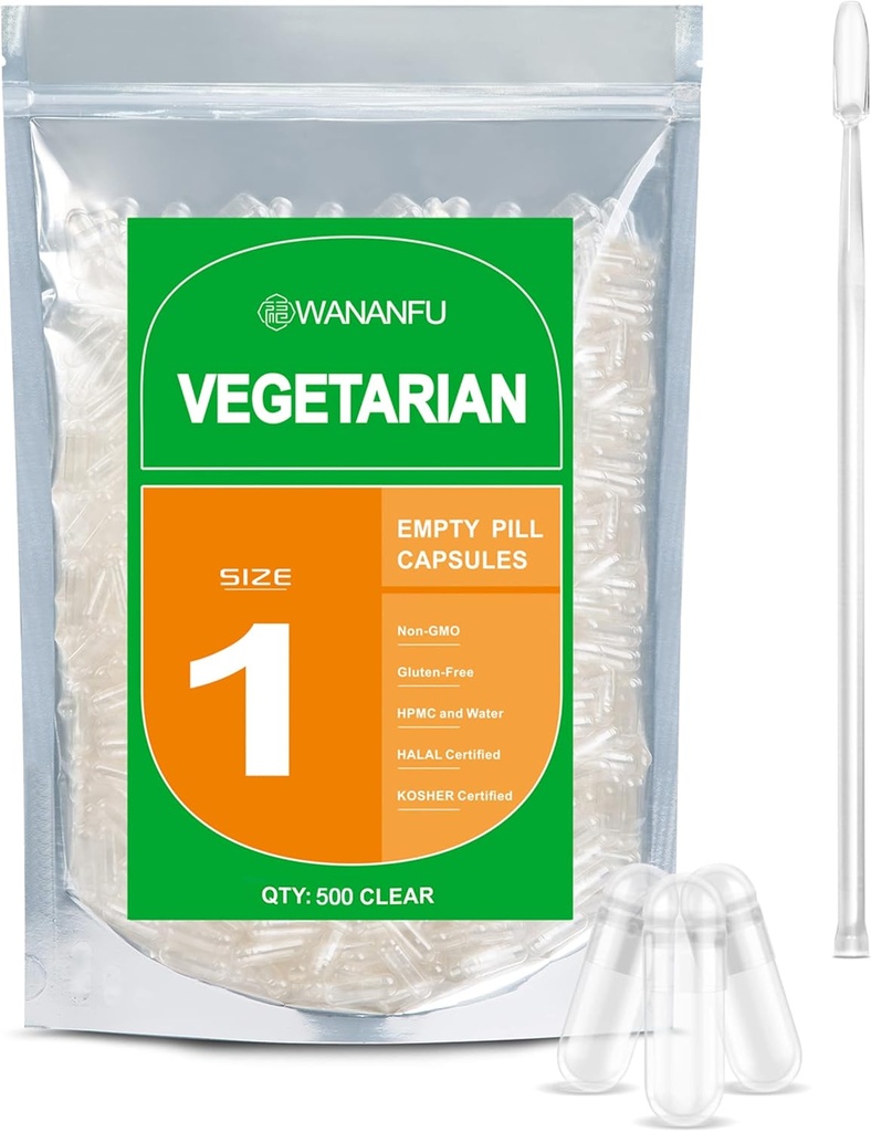 wananfu Size 1 Empty Capsules Vegetarian (500 Count) Bundle with Micro Lab Spoon, Clear Fillable Veggie Pill Capsules Size 1 for Making Your Own Supplements