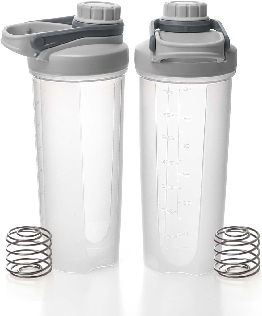 EYMPEU 2 Pack Shaker Bottles for Protein Mixes BPA & Phthalate-free, Solid Screw lid Leakproof Shaker Cup Dishwasher Safe for Protein Shakes 24oz, Clear Grey