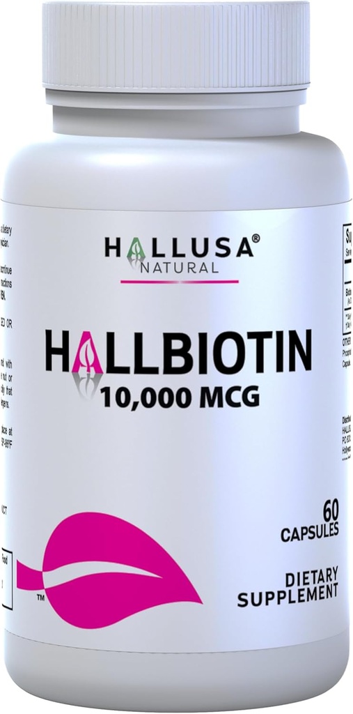 Hallusa Natural Biotin Capsules 10,000 mcg Healthy Hair, Skin & Nails - Pastillas para la caída del Cabello - Crecimiento del Cabello – Crecimiento de la Barba - Alopecia y calvicie - 60 Capsules