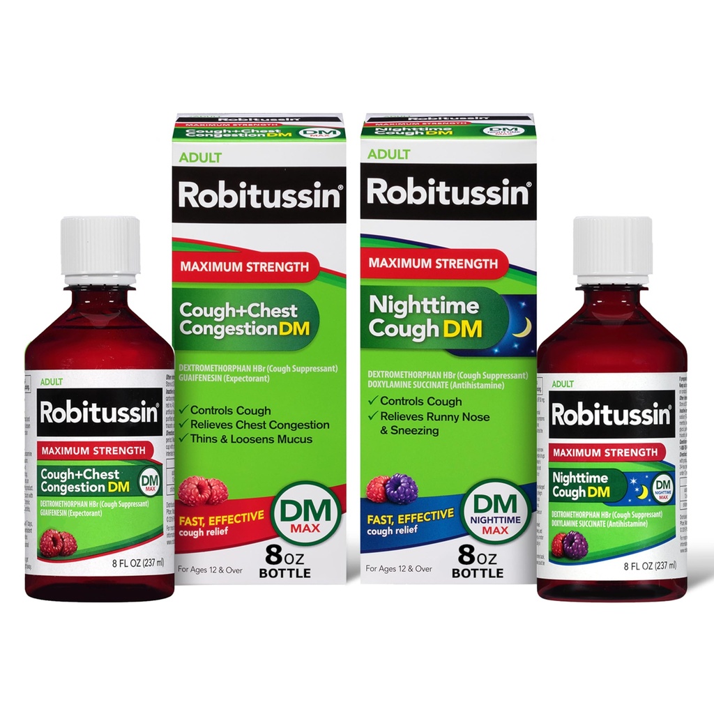 Robitussin DM Max Cough Plus Chest Congestion and Robitussin Maximum Strength Nighttime Cough DM, Adult Formulas - 2 x 8 Fl Oz Bottles