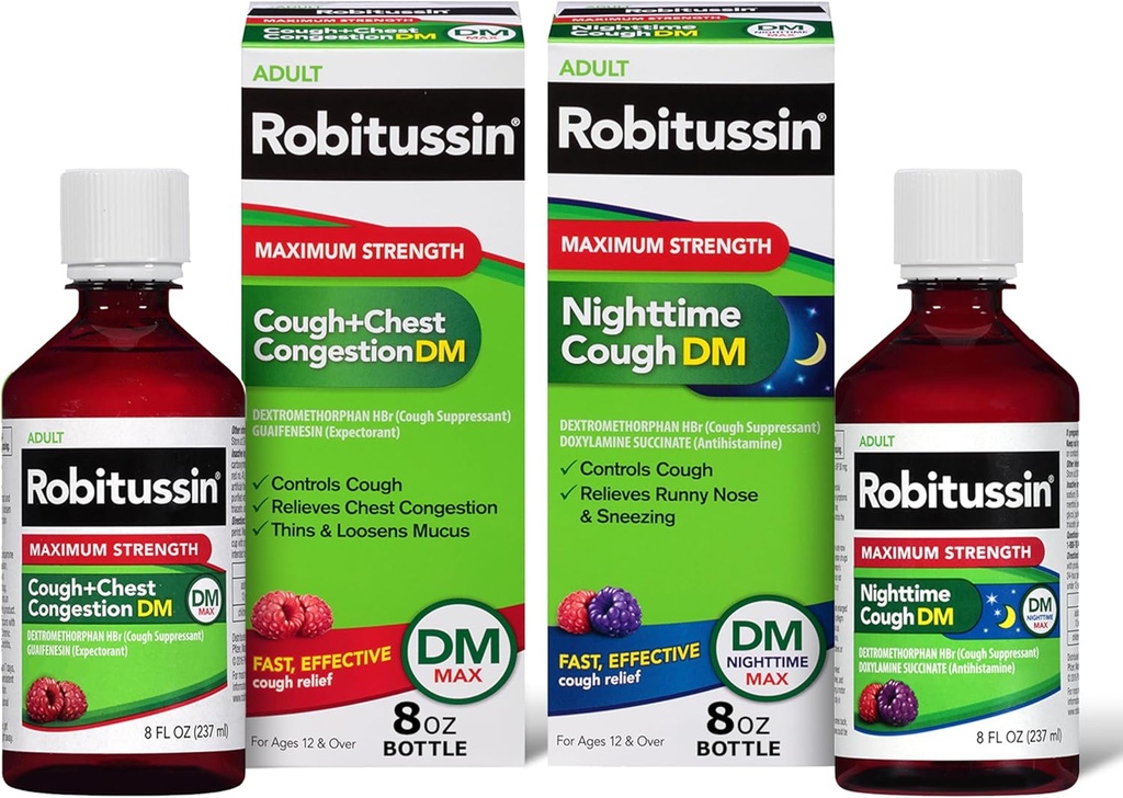 Robitussin DM Max Cough Plus Chest Congestion and Robitussin Maximum Strength Nighttime Cough DM, Adult Formulas - 2 x 8 Fl Oz Bottles