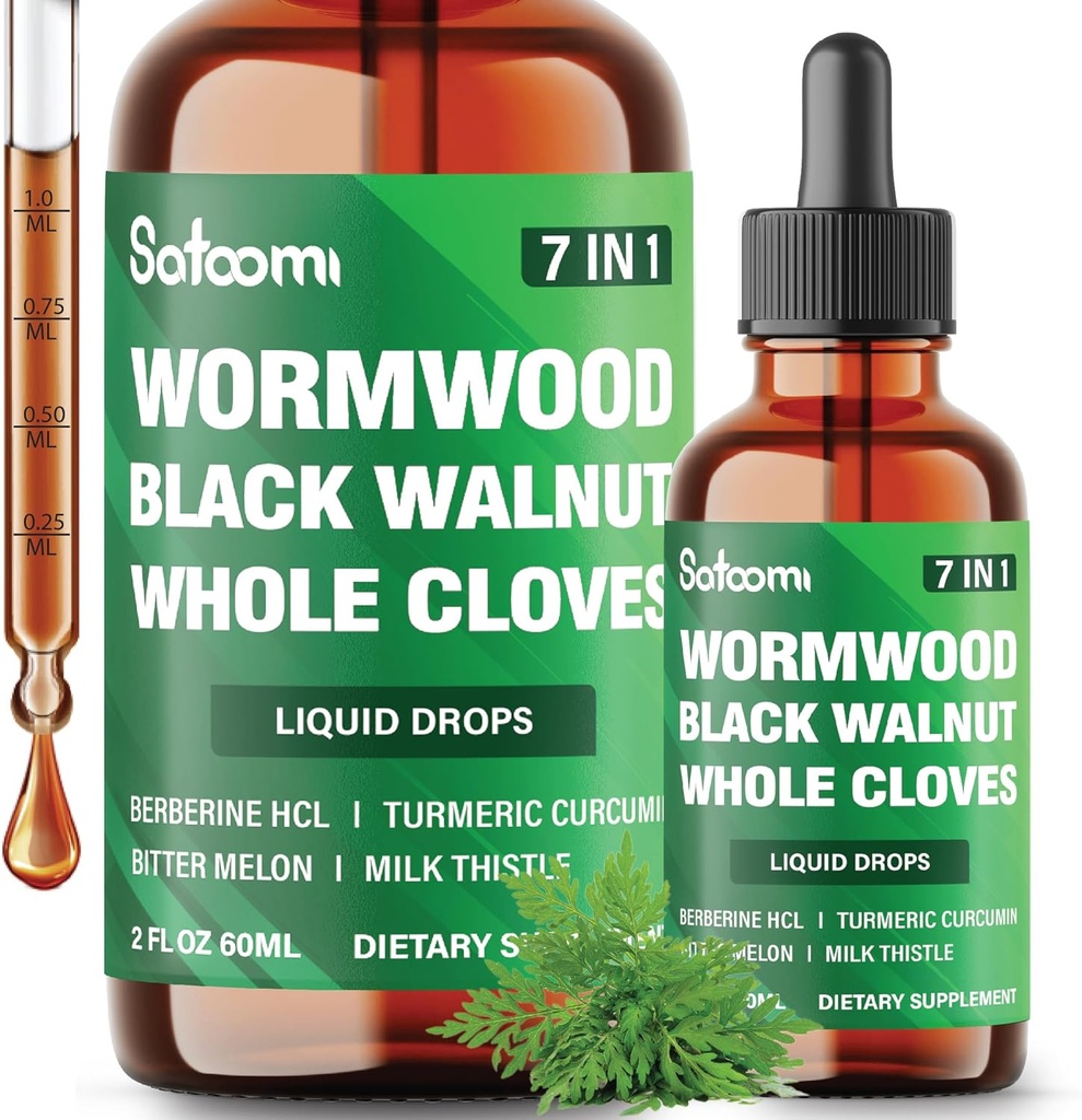 Satoomi 7in1 Wormwood Liquid Drops with Black Walnut, Whole Cloves, Berberine, Milk Thistle, Bitter Melon and Turmeric - 60ml for 60 Days