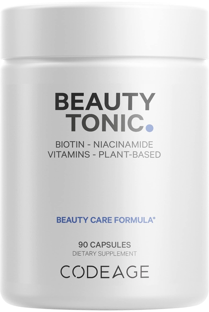 Codeage Biotin Supplement with Vitamin C, Vitamin E, Vitamin B6, Niacin, Folate, Organic Food Blend, Phytoceramides, Astaxanthin, Selenium - Beauty Tonic - Hair, Skin, and Nail Support - Vegan, 90 Ct