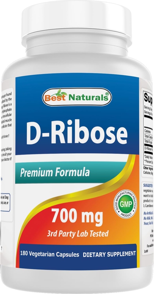 D-Ribose 700mg 180 Vcaps - Natural ATP Energy Production - Manufactured in a USA Based GMP Certified Facility and Third Party Tested for Purity. Guaranteed!!